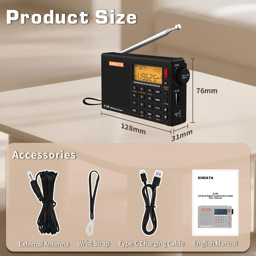 XHDATA R-108 Kleines Tragbare Radios Wiederaufladbares Batterieradio UKW FM AM SW Airband Radio welt