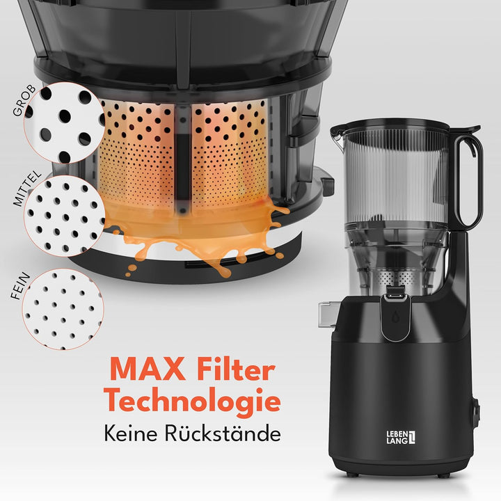 LEBENLANG Entsafter Slow Juicer - Inkl. Rezeptbuch & Grosse 130mm Öffnung I Perfekt für Obst ganze F
