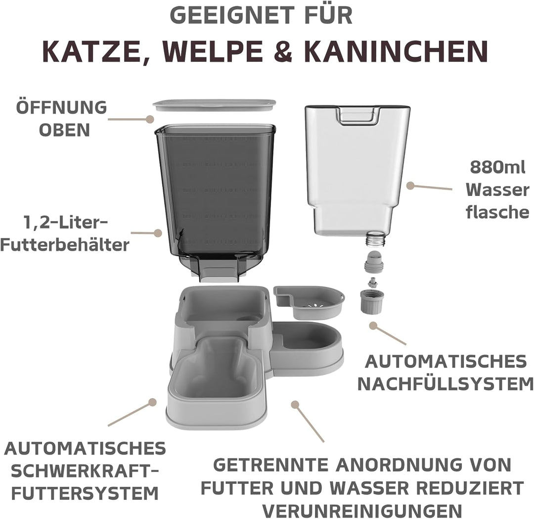 Automatischer Katzenfutterspender, 2-in-1 Abnehmbarer Schwerkraft-Futter- und Wasserspender für Katz