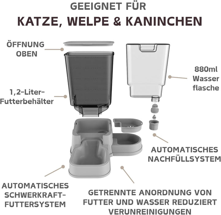 Automatischer Katzenfutterspender, 2-in-1 Abnehmbarer Schwerkraft-Futter- und Wasserspender für Katz