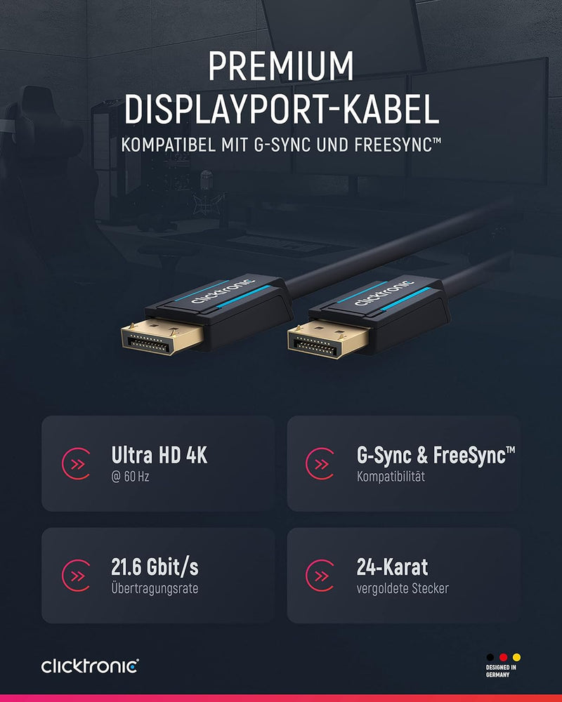 Clicktronic Casual DisplayPort-Kabel Audio / Video Verbindung für HD- und 3D-Inhalte, 3m, 3m