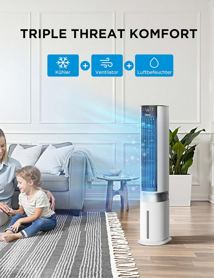 Midea Luftkühler mit Wasserkühlung, Klimaanlage mobil mit 7L Wassertank, 2000m³/h Luftstrom, Sensico