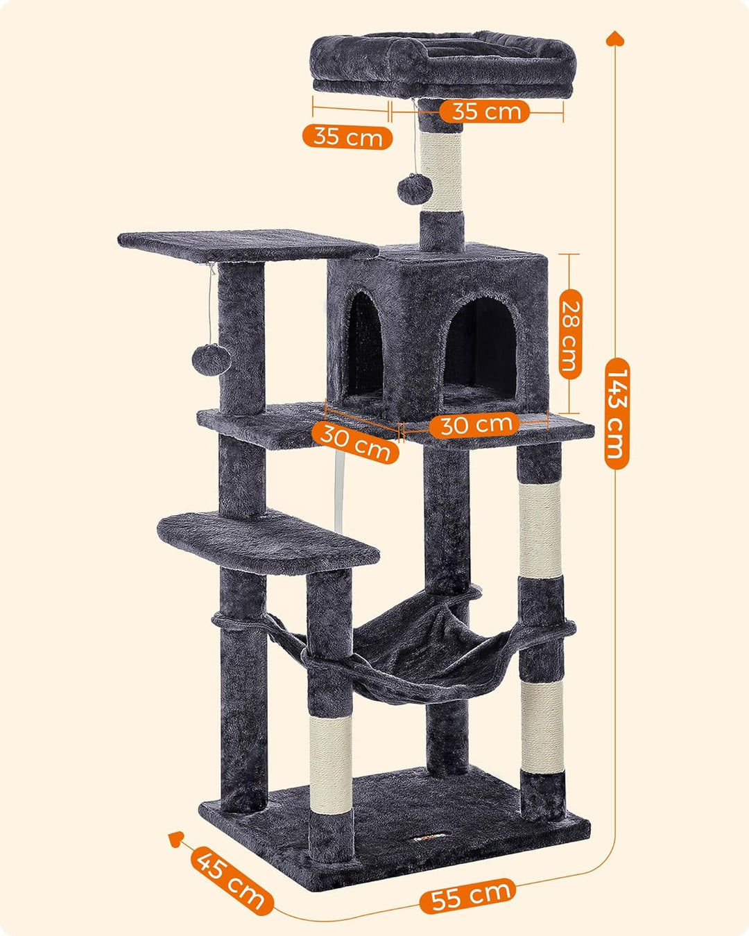 Feandrea Kratzbaum, 143 cm hoch, Katzenbaum, mehrstöckige Katzenhaus, mit 4 Kratzsäulen, 2 Plattform