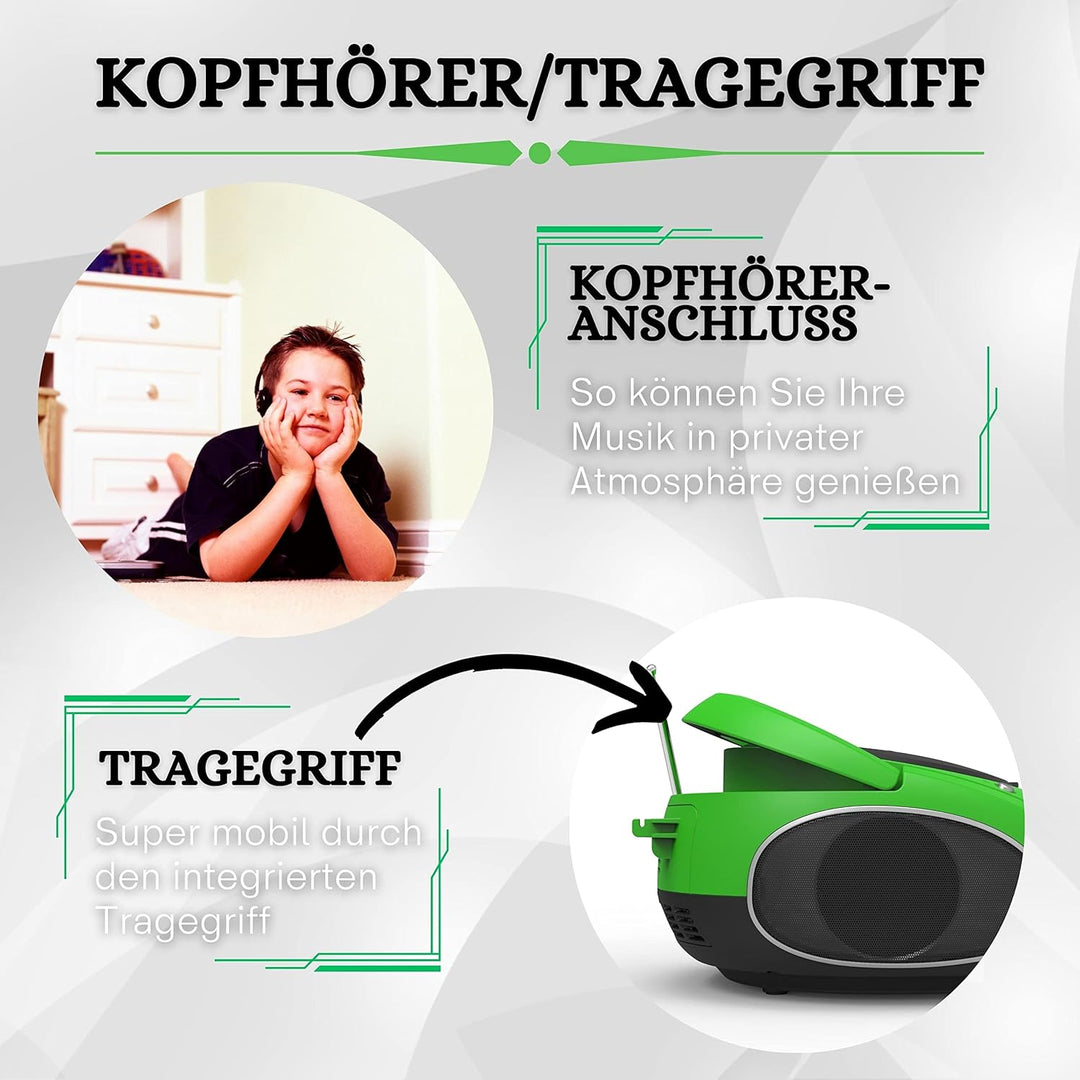 Tragbare Boombox | CD/CD-R | USB | FM Radio Player | AUX-Eingang | Kopfhöreranschluss | Kinderradio