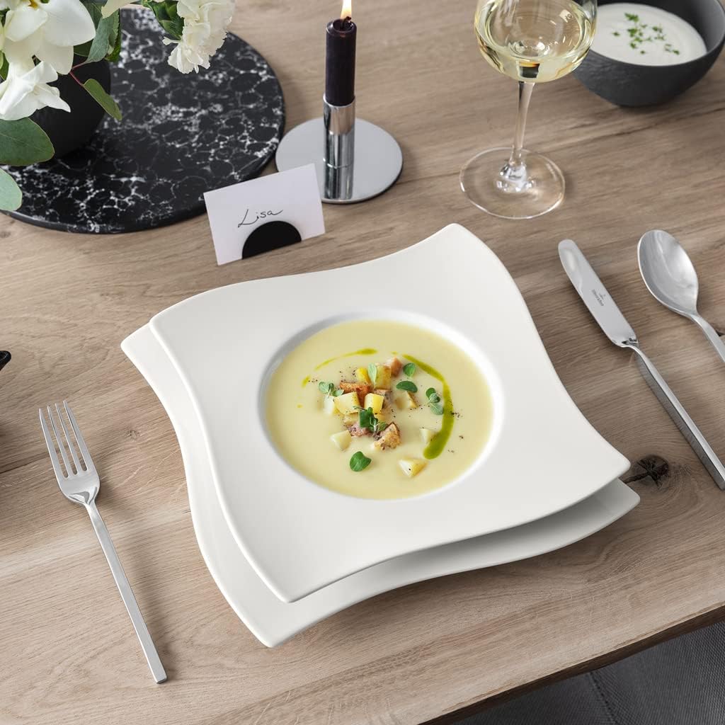 Villeroy und Boch NewWave Suppenteller, Premium Porzellan, Weiss Suppenteller 24 cm, Suppenteller 24