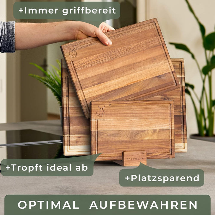 WALDWERK Schneidebrett 3er Set (40x30 / 33x24 / 26x18cm) aus massiver Akazie - Schneidebretter mit B