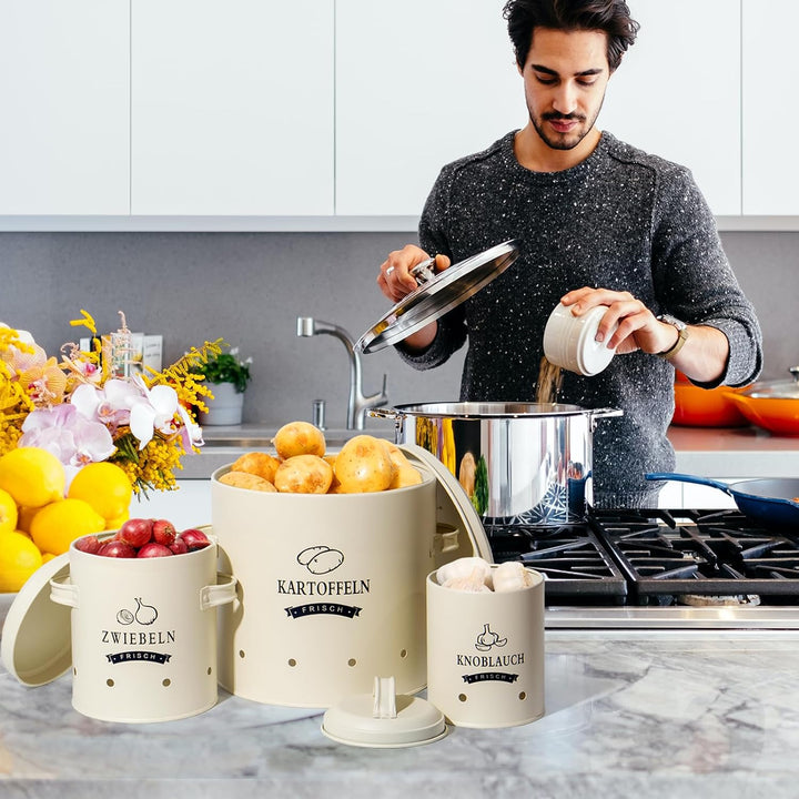 Theo&Cleo Kartoffel Vorratsdosen Set, Kartoffeltopf im Retro Design Zwiebeltopf, Grosser Vorratsbehä