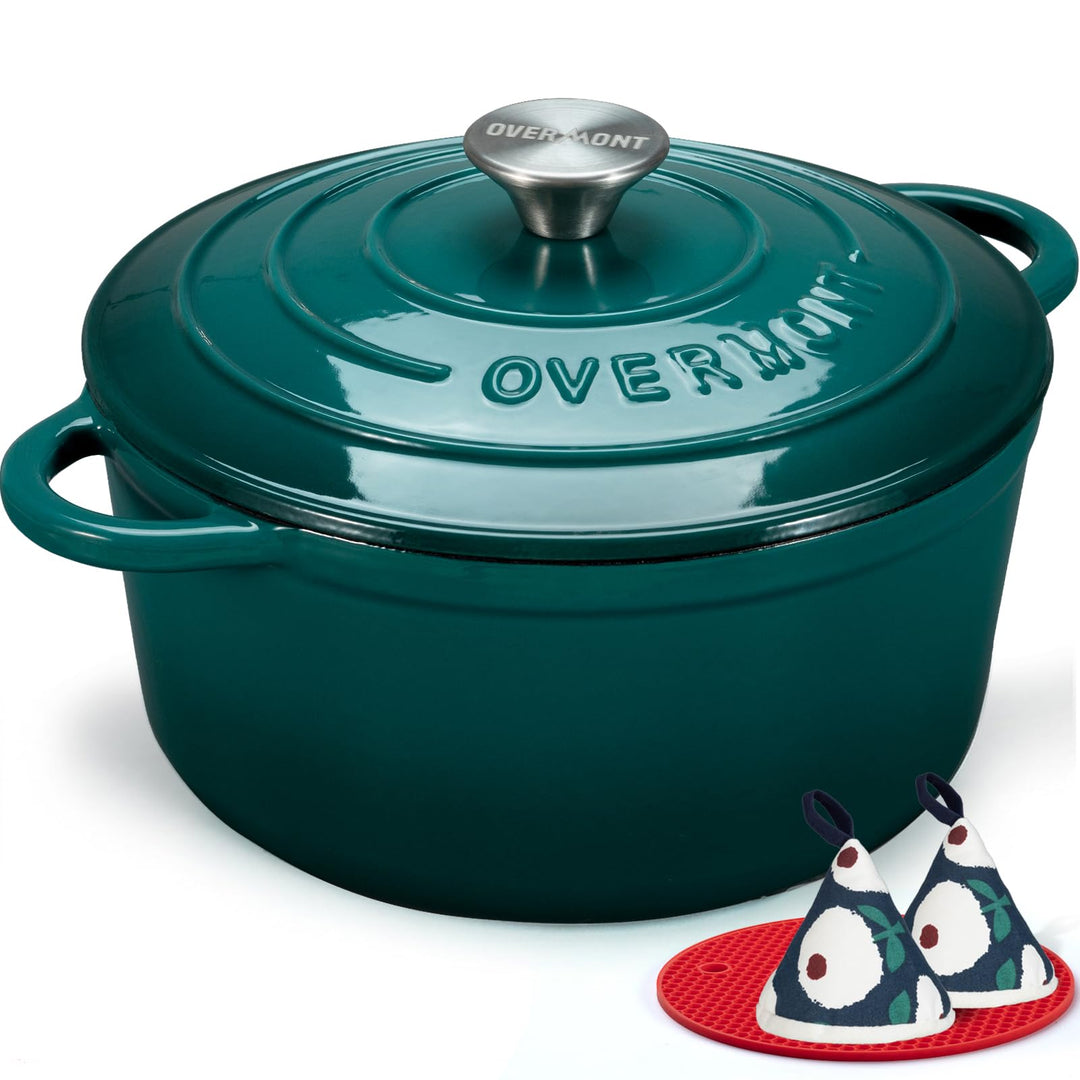 Overmont Bräter emaille Gusseisen Topf - Schmortopf 26cm backofengeeignet - mit Deckel und Kochbuch
