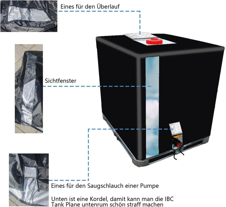 IBC Tank Abdeckung 1000L mit Sichtfenster Schwarz wasserdicht IBC Tank Plane Schutzhülle für Regenwa