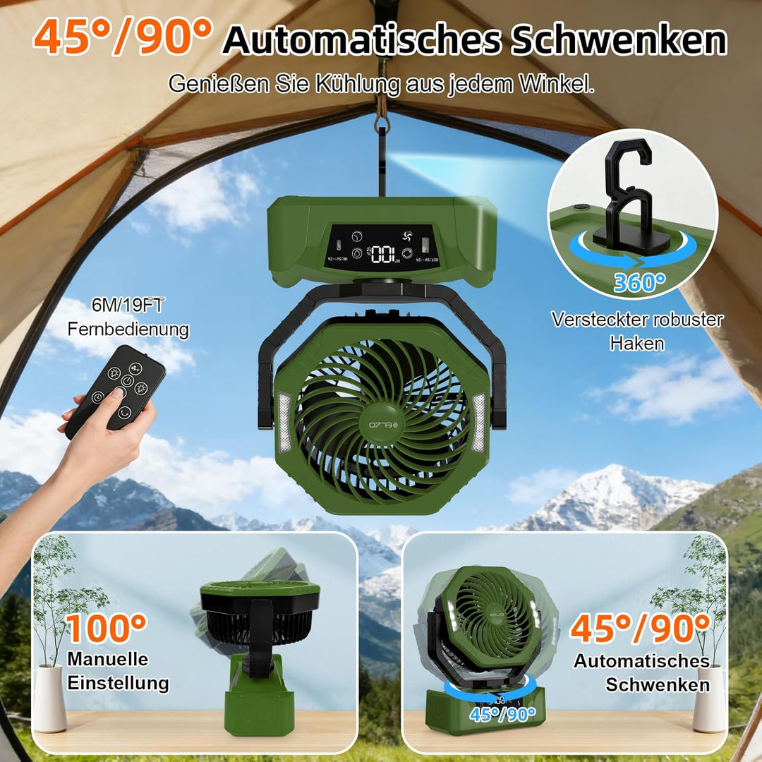 ELZO 20000mAh Camping Ventilator, Wiederaufladbarer Tischventilator USB Ventilator mit LED Licht & H
