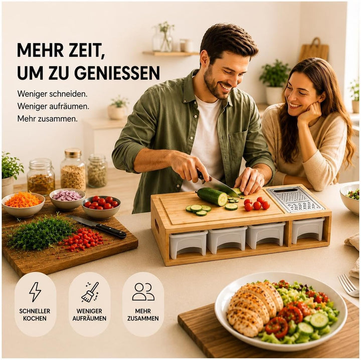 Bambus-Schneidebrett mit Auffangschale, 4 Behältern, Reibe &amp; Mandoline | Bambus Schneidebrett mit Au