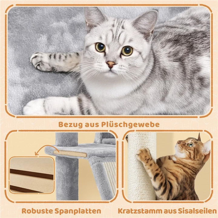 Yaheetech 145 cm Kratzbaum gross Katzenbaum mit Kratzbrett &amp; Korb hellgrau | FSC-zertifizierte Spanp