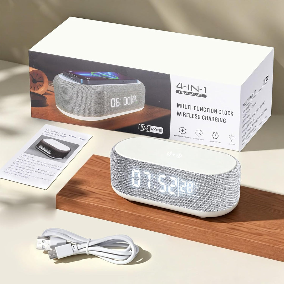 4 In1 Smart Wecker, Digitaler Tischwecker mit Licht und Ladestation, Radiowecker mit Ladefunktion &