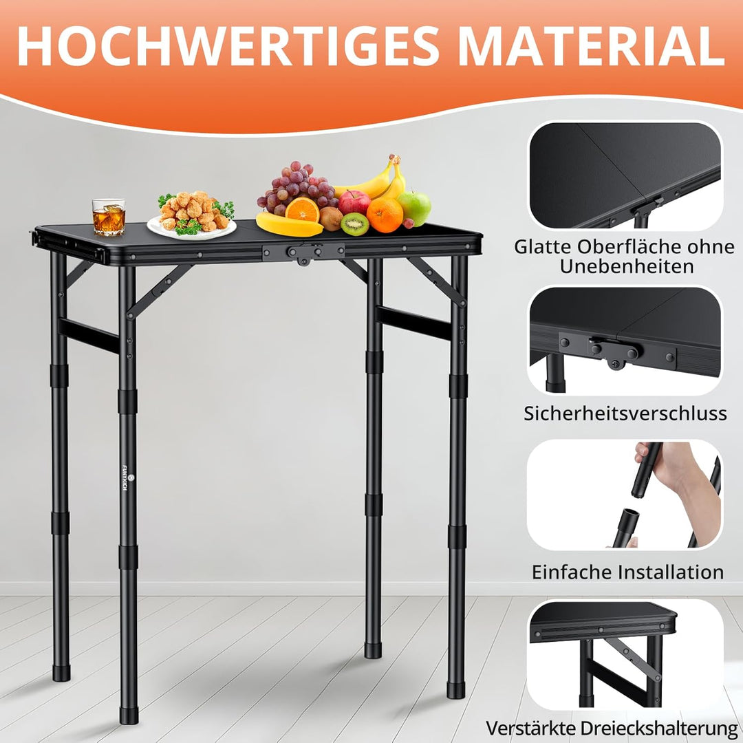 FUNYKICH Klapptisch aus Kunststoff 58x40cm, wasserdichter Campingtisch mit 3-Fach höhenverstellbar,