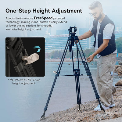 SMALLRIG 78 Zoll Videostativ Heavy Carbon Fiber Tripod, One-Step Locking System, 360°-Fluidkopf und