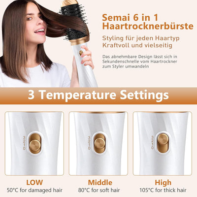 Semai 6 in 1 Air Styler set mit 1000W Haartrockner, Rundbürste, Warmluftbürste, Automatisch Volumen