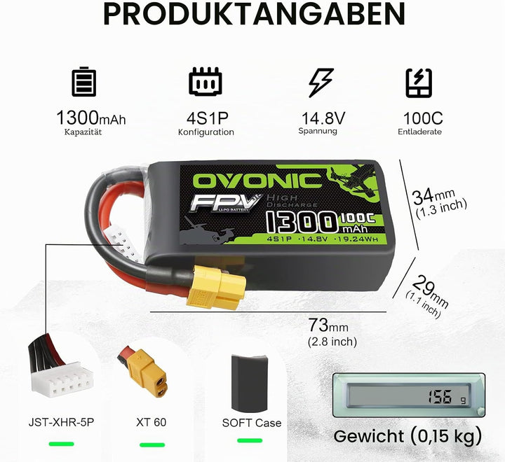 OVONIC RC Lipo Akku 4S 14.8V 1300mAh 100C XT60 Stecker LiPo Batterie Zellen für FPV UAV RC Flugzeug
