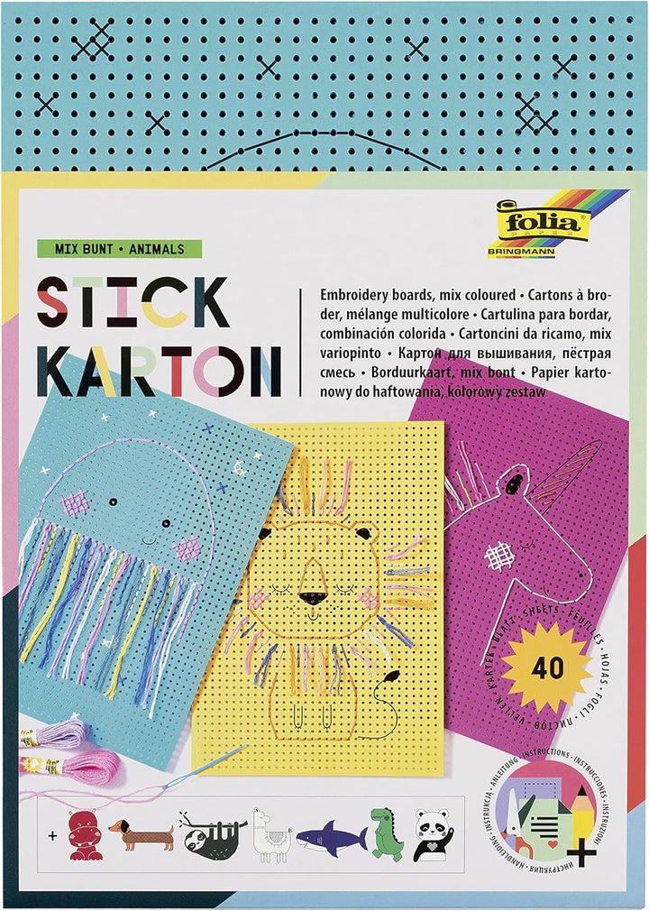 folia 2349 - Stickkarton "Animals", 300g / m², weiss bedruckt, 17,5 x 24,5 cm, 40 Blatt, 8 Motive -