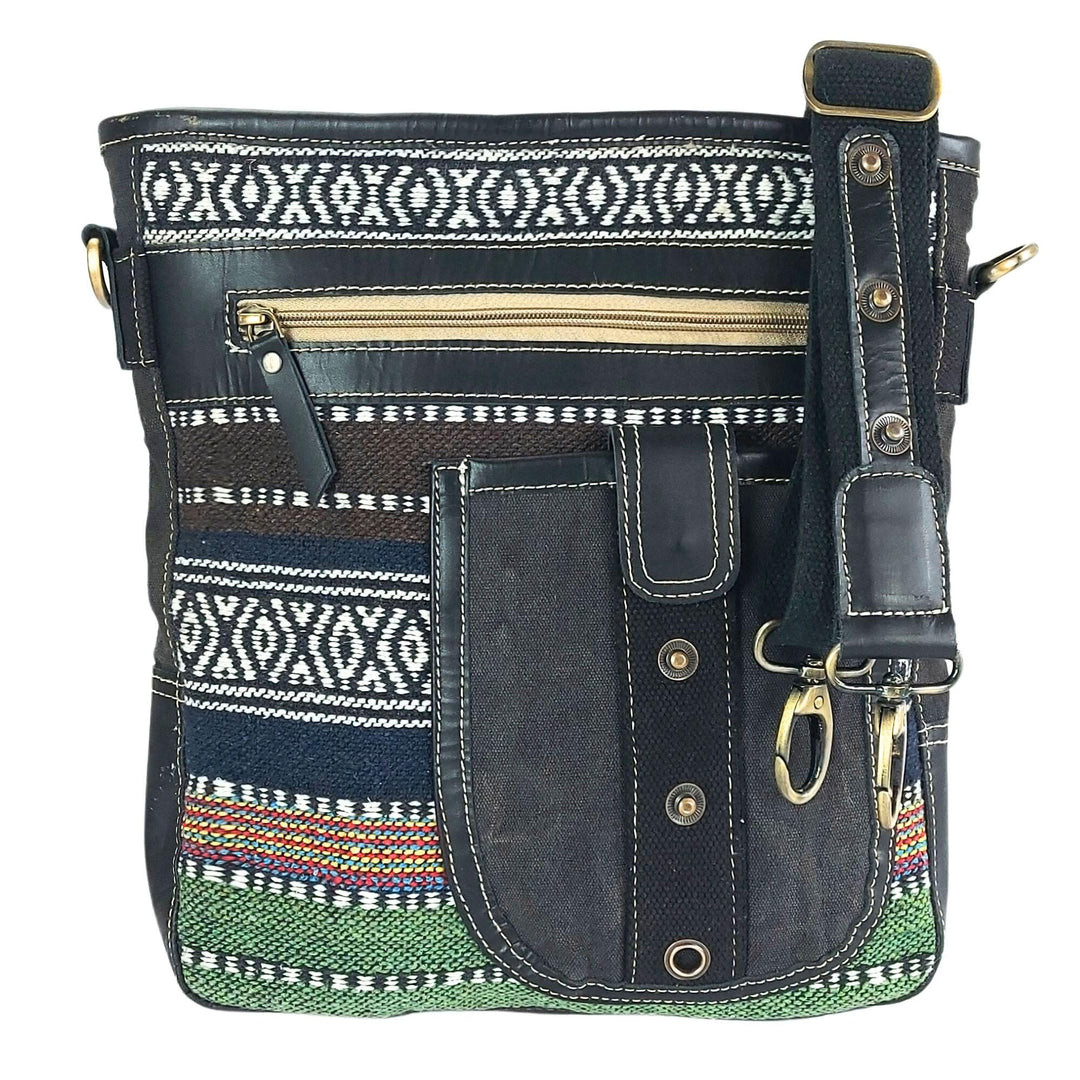 Sunsa Damen Umhängetasche. Crossbody Bag mit Streifen Design. Schultertasche aus Baumwolle &amp; Leder.