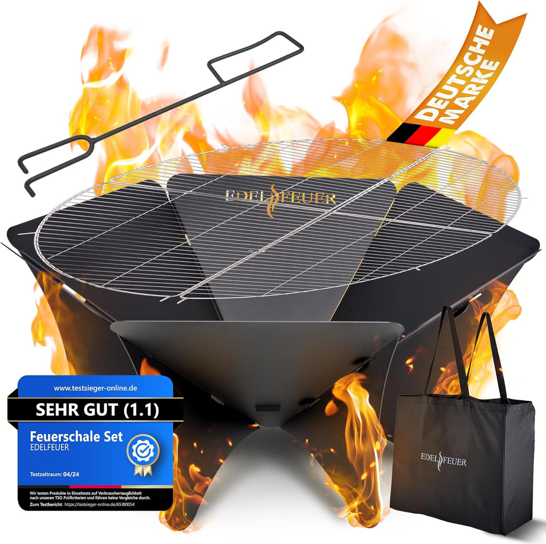 EDELFEUER Feuerschale Faltbar + GRATIS Grillrost - Leichter Aufbau - Ø 80cm [Ultra Stabil] Feuerkorb