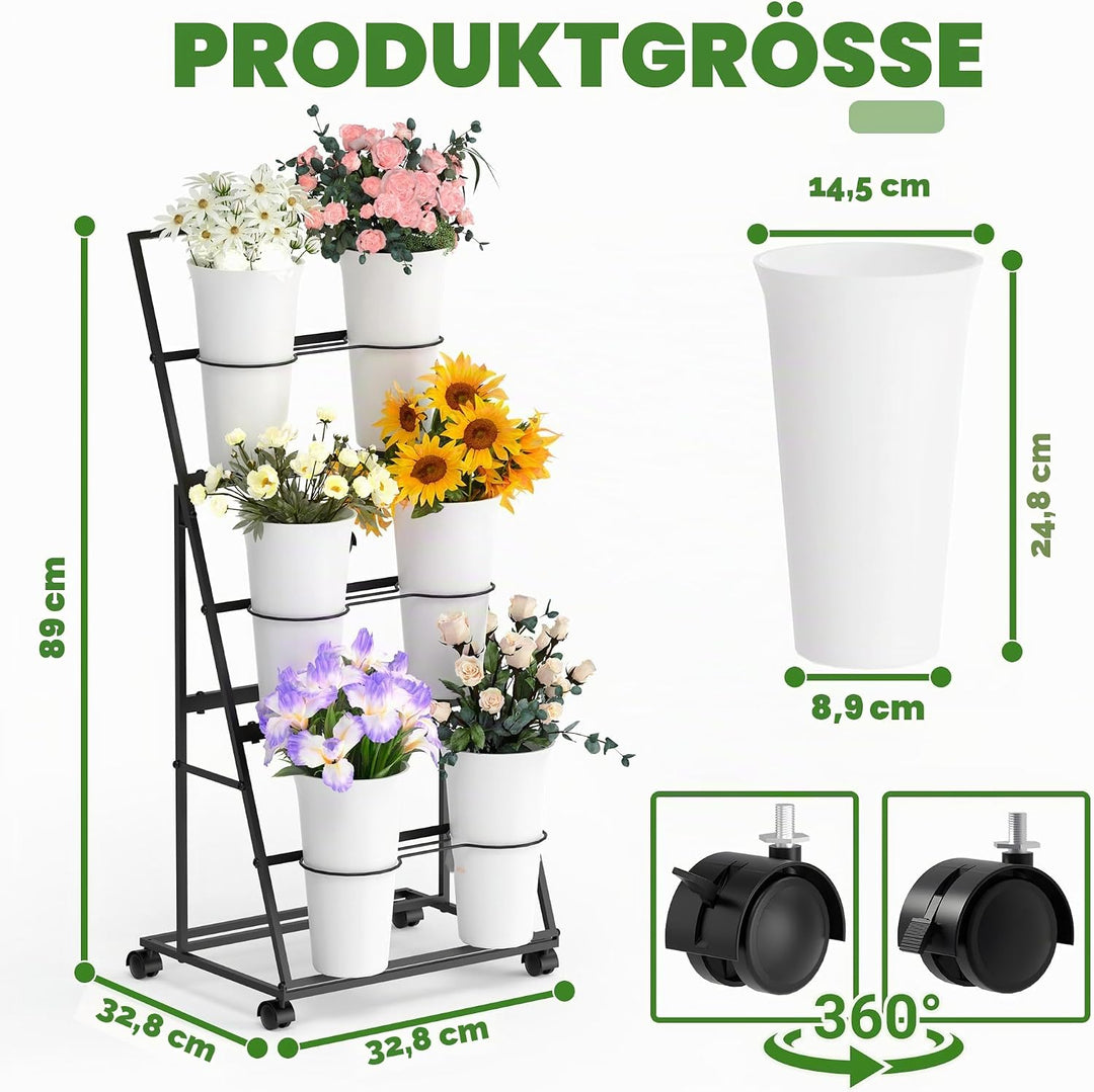 Alyoen Blumenständer mit Rollen und Eimern, 3 Etagen Blumenständer aus Metall mit 6 Eimern, Mobiler