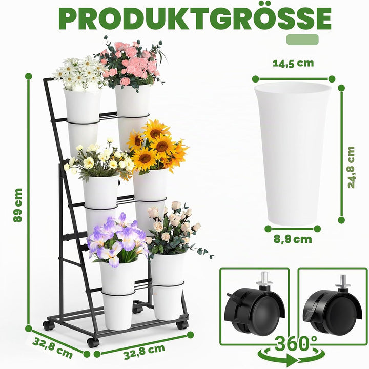 Alyoen Blumenständer mit Rollen und Eimern, 3 Etagen Blumenständer aus Metall mit 6 Eimern, Mobiler
