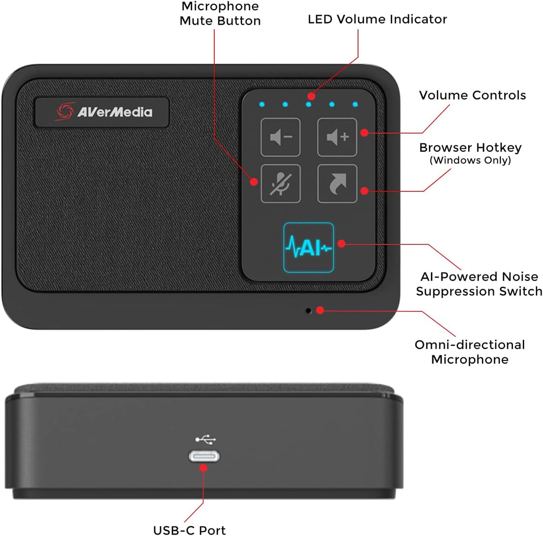 AVerMedia AS311 tragbarer USB-Konferenzlautsprecher mit Mikrofon – KI-Geräuschreduzierung, Echounter