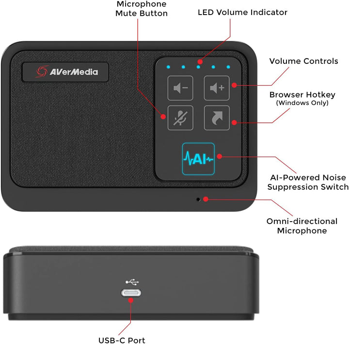 AVerMedia AS311 tragbarer USB-Konferenzlautsprecher mit Mikrofon – KI-Geräuschreduzierung, Echounter