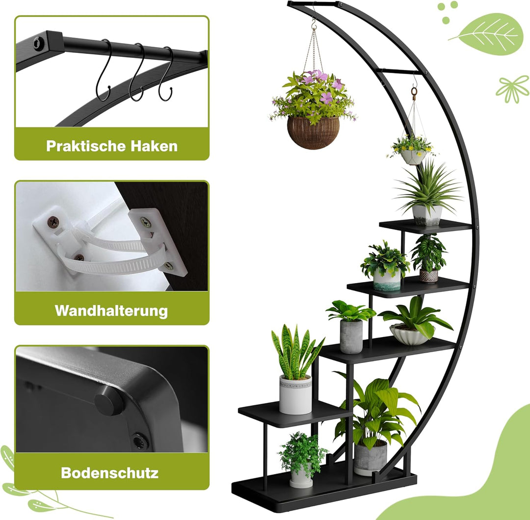 Ribelli 5-stufiger Metall-Pflanzenständer in Halbmondform 172cm, Pflanzenregal mit 5 Ablagen & Haken