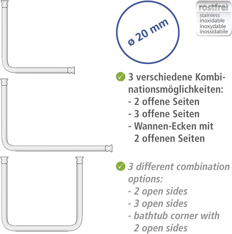 WENKO Winkelduschstange für Badewannen & Duschtassen, 3 verschiedene Kombinationsmöglichkeiten, zum