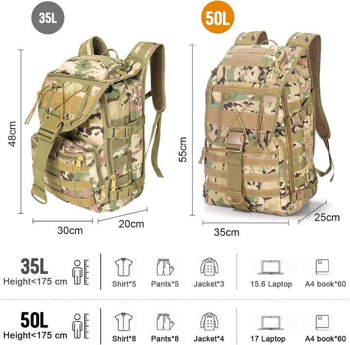 SHANNA Militärrucksack 35L/50L Armee Rucksack Molle, Hohe Kapazität Trekkingrucksack Wanderrucksäcke