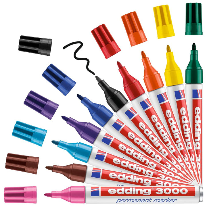 edding 3000 Permanentmarker - 10 Stifte in Stiftehalter - Rund-Spitze 1,5-3 mm - schnell trocknender