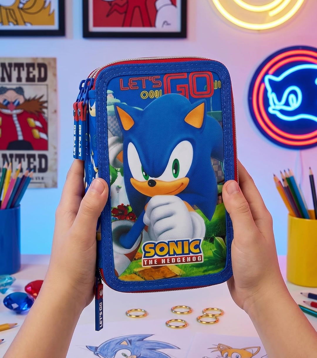 3-Fach Federmäppchen Jungen Gefüllt für Sonic Fan – Schulmäppchen Set 46 Teile mit Radierbaren Stift