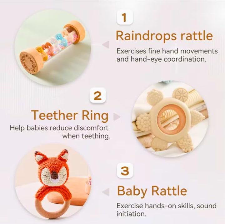 AURÉLIE & CO. Baby Rassel & Greifling Set Fuchs – 3-tlg. Montessori Holzspielzeug Geschenkset zur Ge