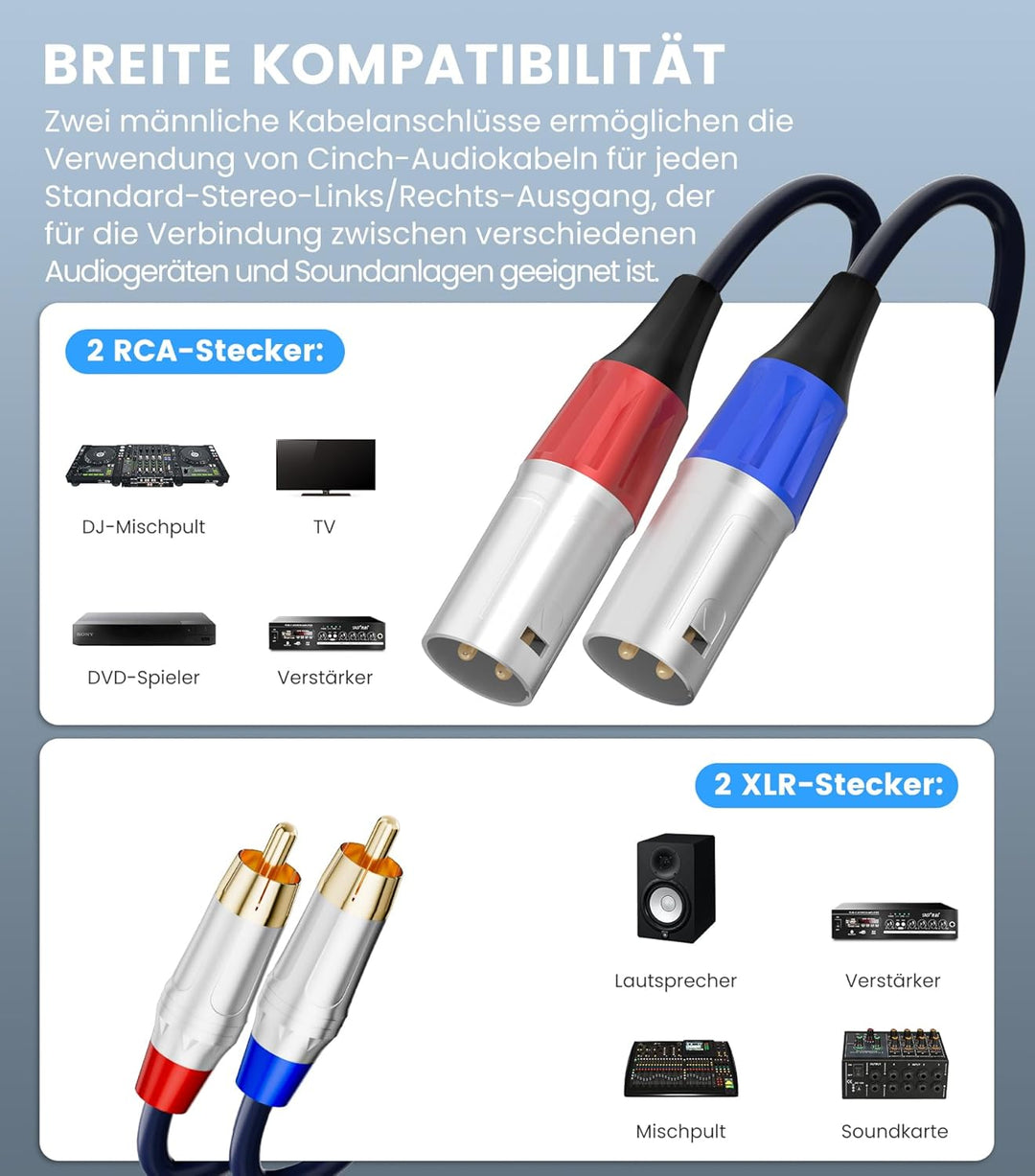 Tisino Dual Cinch auf XLR Kabel, 2 Cinch auf 2 XLR Male HiFi Stereo Audio Verbindung Mikrofonkabel D