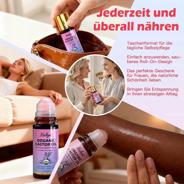 rizinusöl kaltgepresst bio Roll On mit Rosenquarz – Castor Oil Organic 100% Rein, Hexanfrei, Natürli