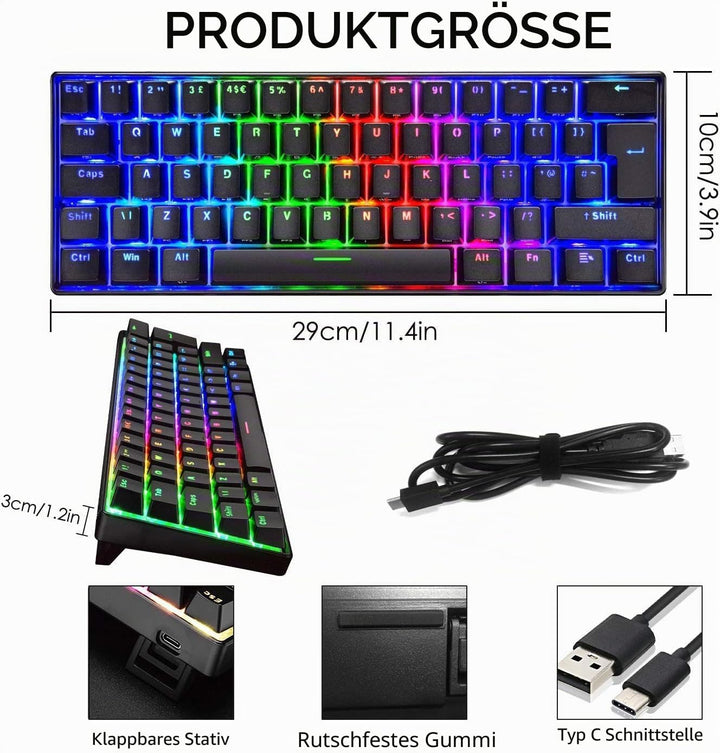 UK Layout 60% Mechanische Gaming-Tastatur Typ C verkabelt 61 Tasten LED-beleuchtete USB-wasserdichte