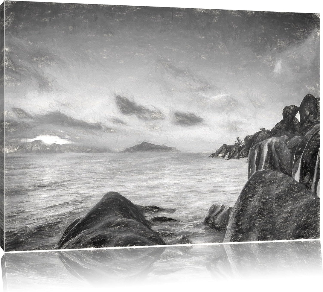 Pixxprint Sonnenuntergang Seychellen Kunst Kohle Effekt, Format: 100x70 auf Leinwand, XXL riesige Bi