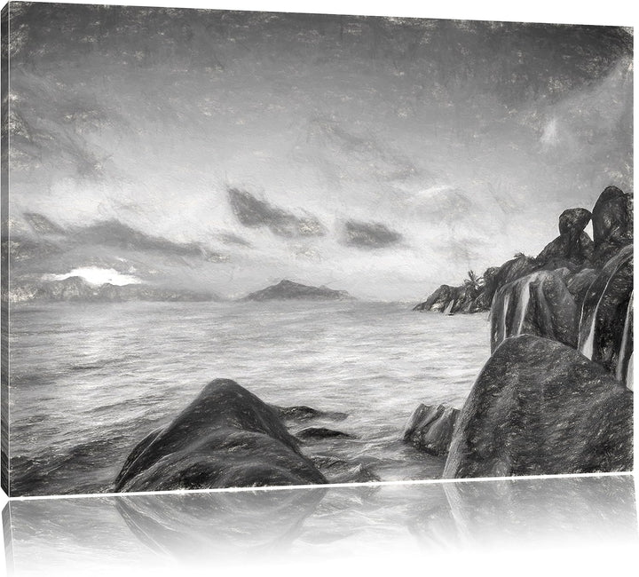 Pixxprint Sonnenuntergang Seychellen Kunst Kohle Effekt, Format: 100x70 auf Leinwand, XXL riesige Bi