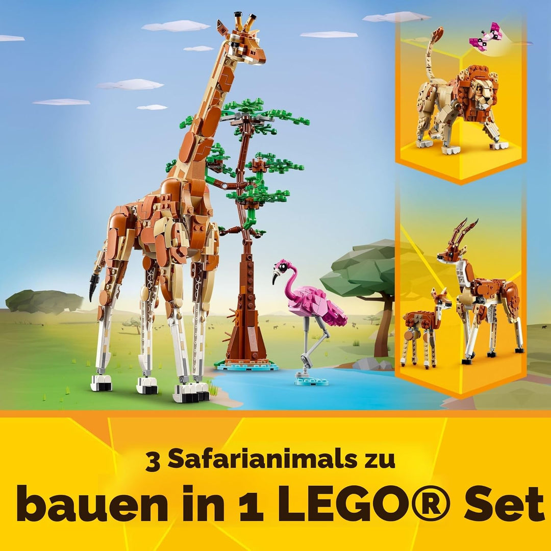 LEGO Creator 3in1 Tiersafari, Kreativ-Set mit Tierfiguren, Spielzeug-Giraffe, Gazellen und Löwe, Spi