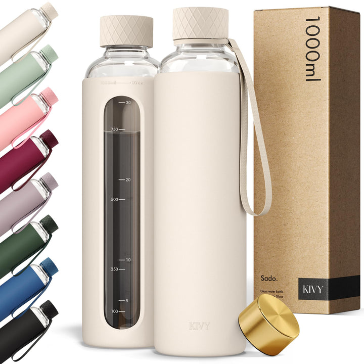 KIVY Glas Trinkflasche 1l mit Silikonschutz [KOHLENSÄURE GEEIGNET] Glasflasche 1 Liter - Wasserflasc