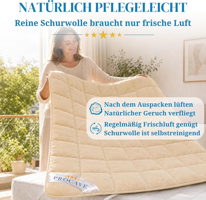 PROCAVE weiches Unterbett aus Schurwolle, atmungsaktiver Matratzen-Schoner, Matratzenbezug mit 4 Eck