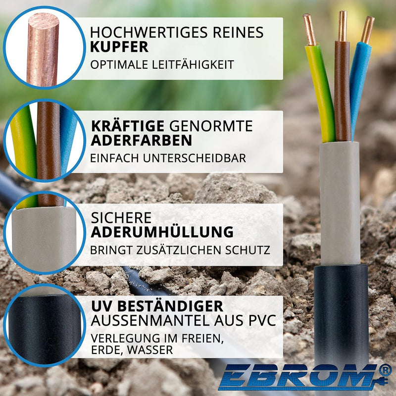 EBROM Erdkabel NYY-J 3x1,5 mm² - Starkstromkabel - PVC Erdleitung - schwarz - Meterware auf den Mete