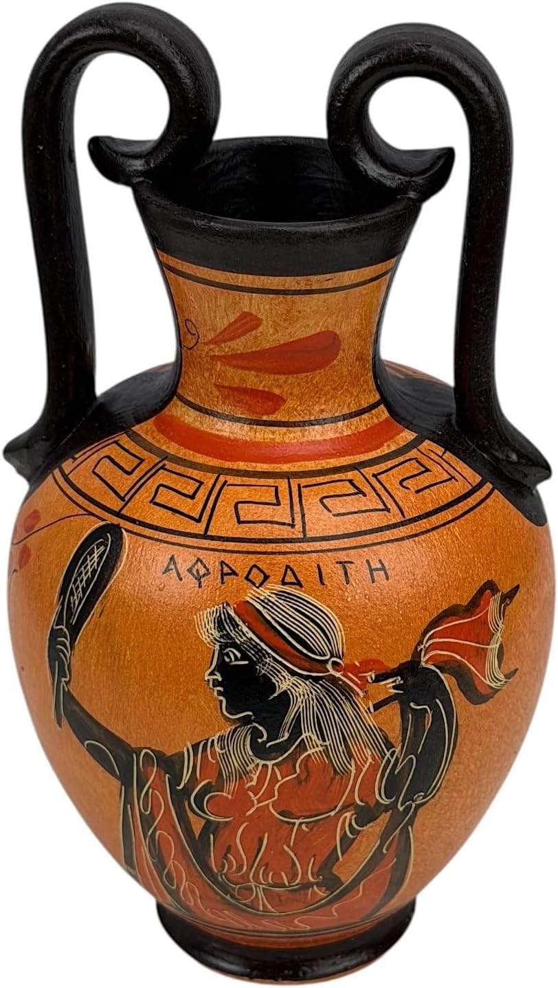 Griechische schwarze Keramik-Vase, Topf mit Töpferei, Göttin Aphrodite, 17 cm