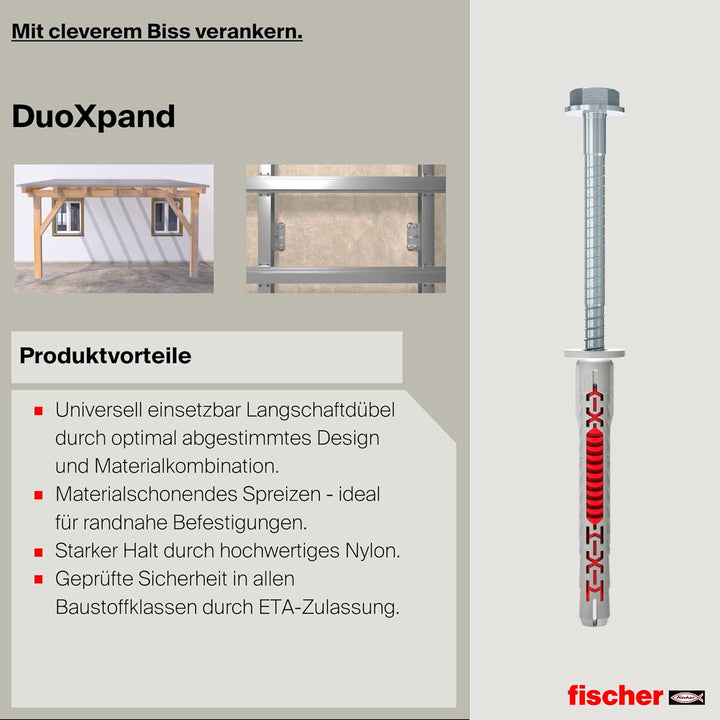 fischer DuoXpand 10 x 100 T R, hochwertiger Universaldübel mit nicht rostender Senkkopfschraube (50