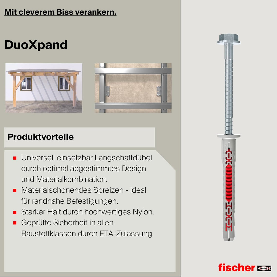 fischer DuoXpand 10 x 200 FUS, hochwertiger Universaldübel mit Sechskantschraube & angeformter U-Sch