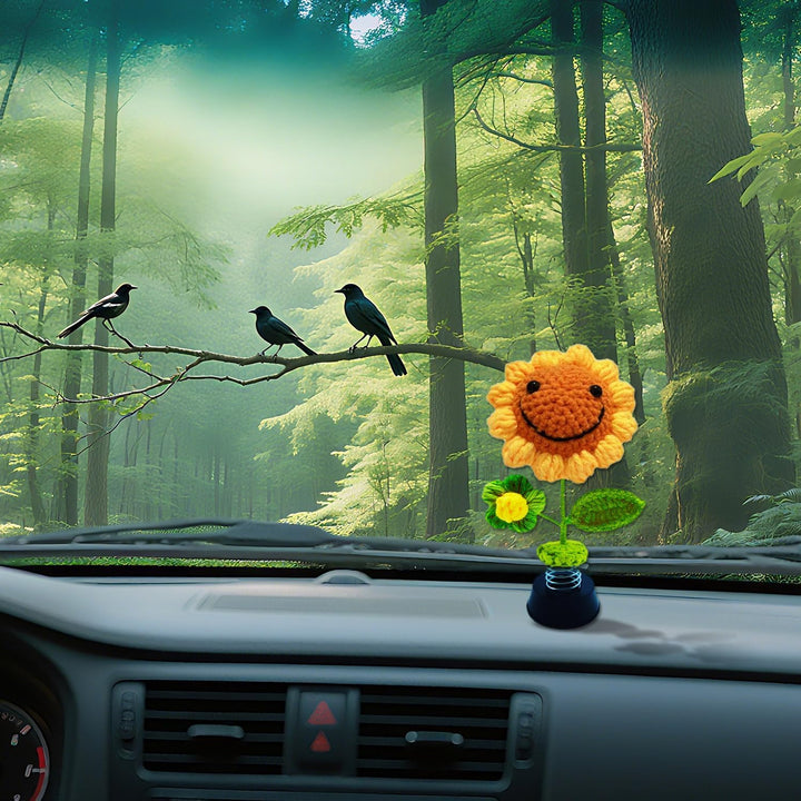Wackelfigur Auto Deko,Wackeldackel FüRs Auto,Gestrickte Sonnenblume Wackelfigur,Eltern Dashboard,Lus