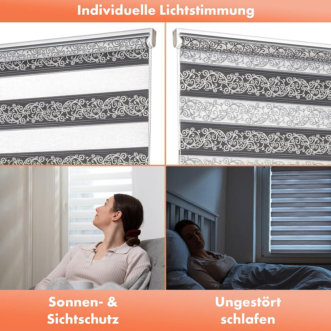 Bailena Doppelrollo ohne Bohren 4in1 Klemmfix Duo Rollos mit Muster Ranken Blumen Motiv mit Perlen G