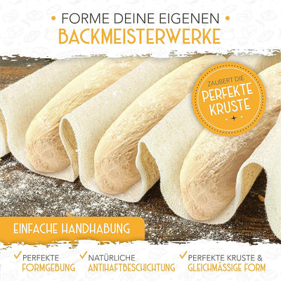 KRUSTENZAUBER Baguette Backform Antihaft inkl. Bäckerleinen u. Bäckermesser - 4er Baguette-Backblech