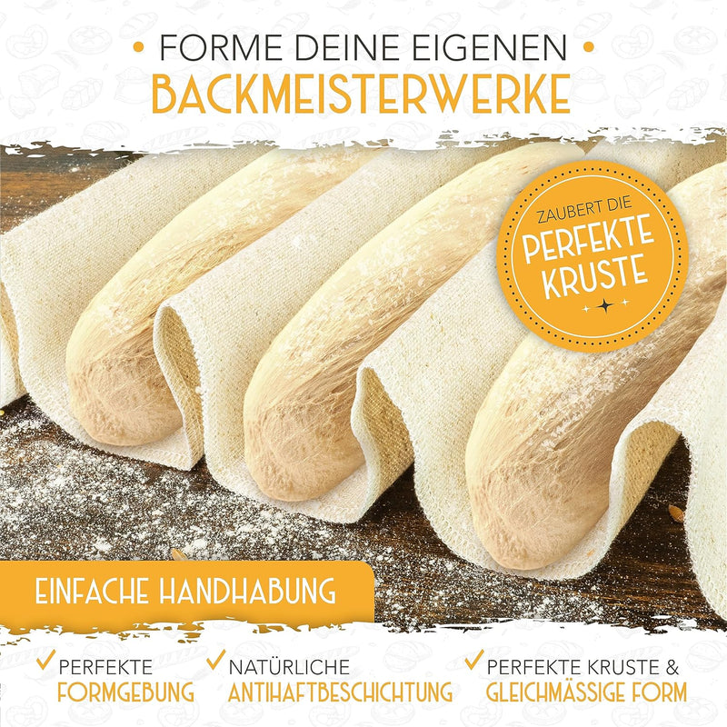 KRUSTENZAUBER Baguette Backform Antihaft inkl. Bäckerleinen u. Bäckermesser - 4er Baguette-Backblech